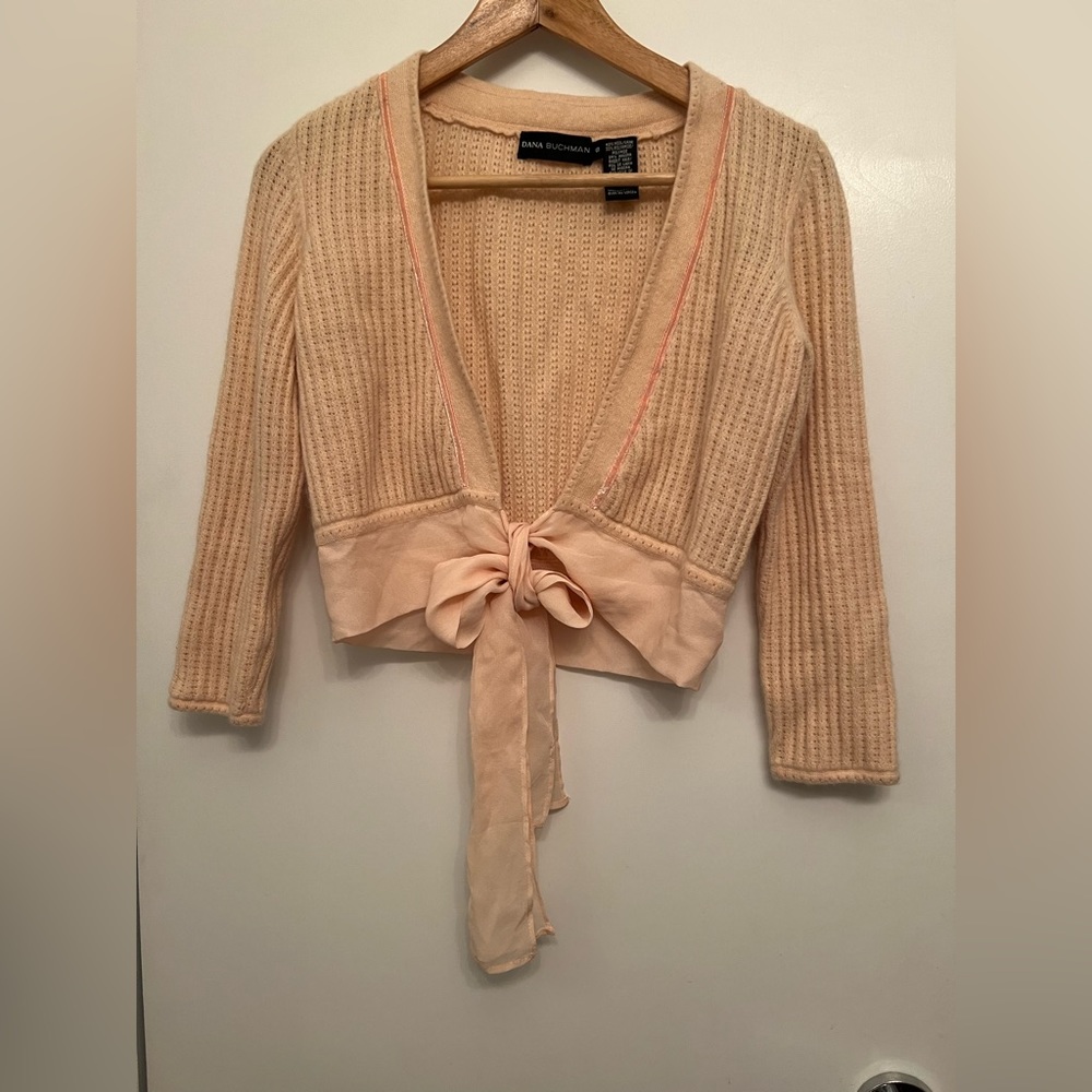 Sezane Dana Buchman pink ballet cropped wrap sweater small wool angora